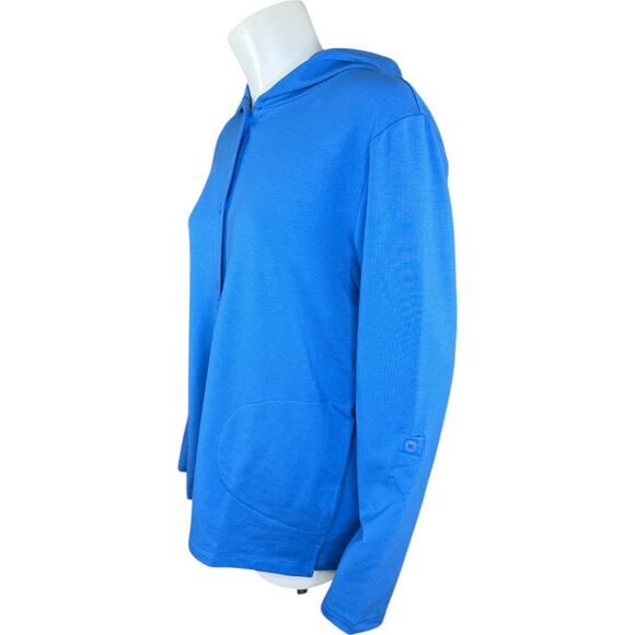 Denim & Co. Beach French Terry Roll Tab Sleeve Hooded Jacket Indigo Sea Medium - Picture 8 of 13